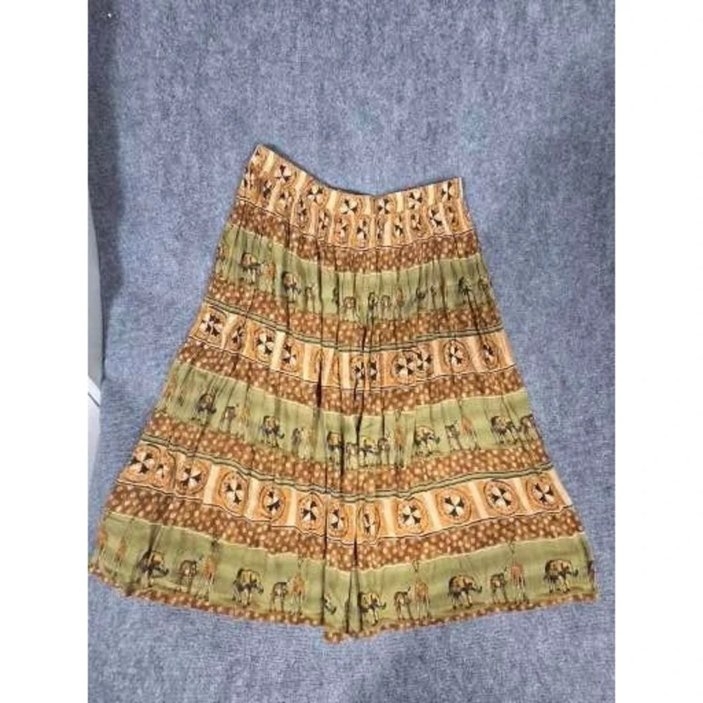 VTG Stonebridge Safari Animal Print Maxi Skirt 2X Green Brown Giraffe Rayon Boho
